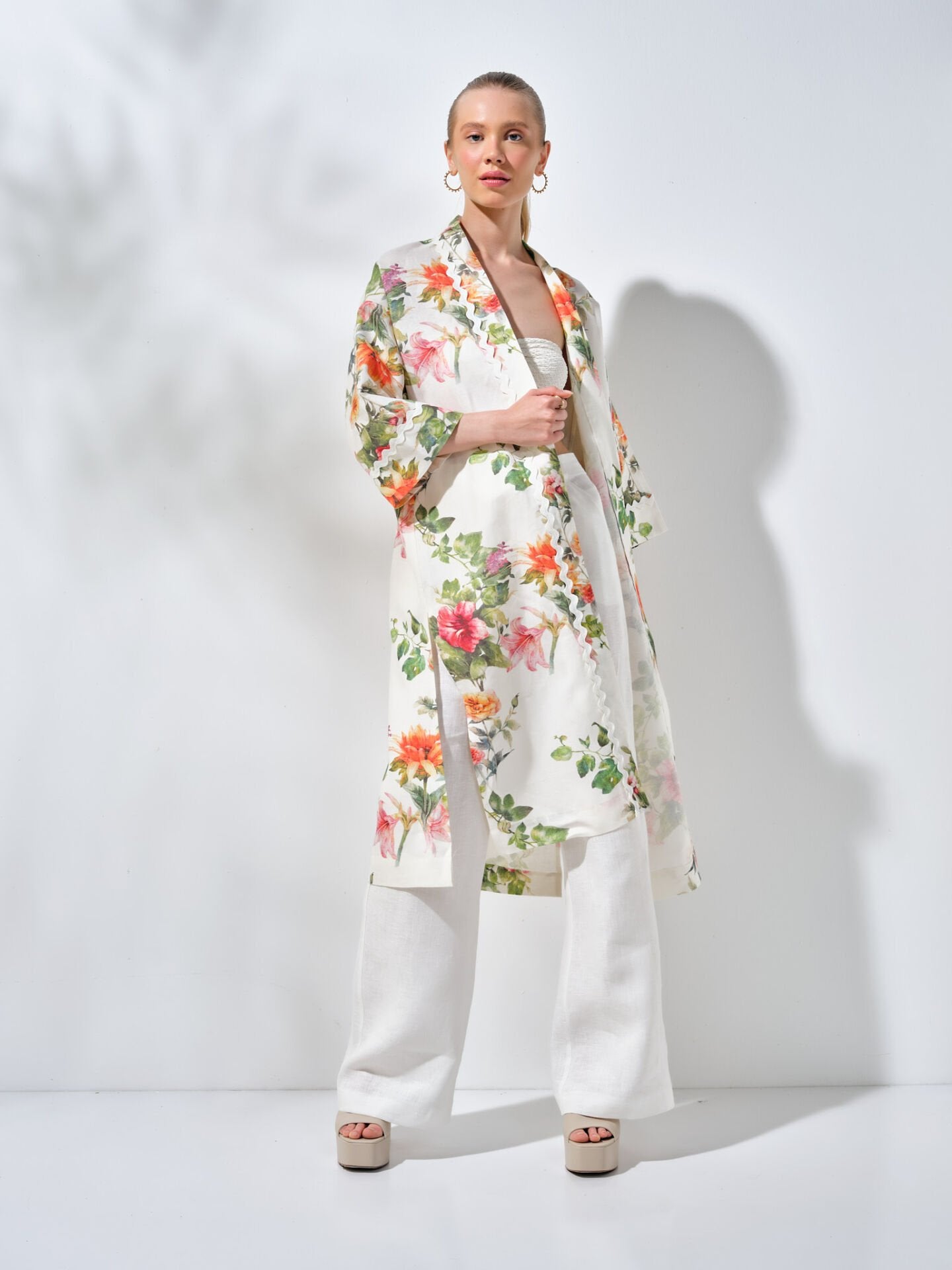 Uzun Kimono Güllü Desenli