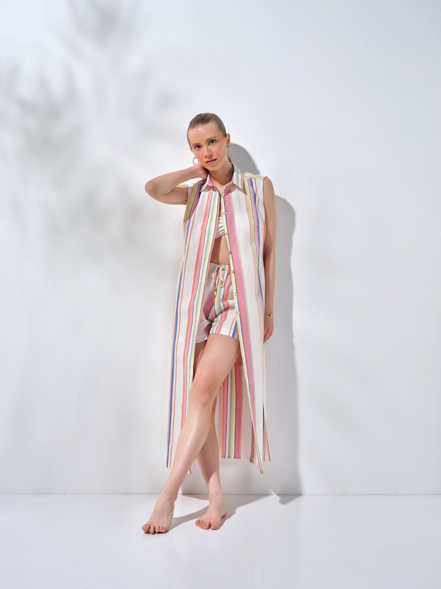 Uzun Kolsuz Gömlek Elbise Renkli Çizgili