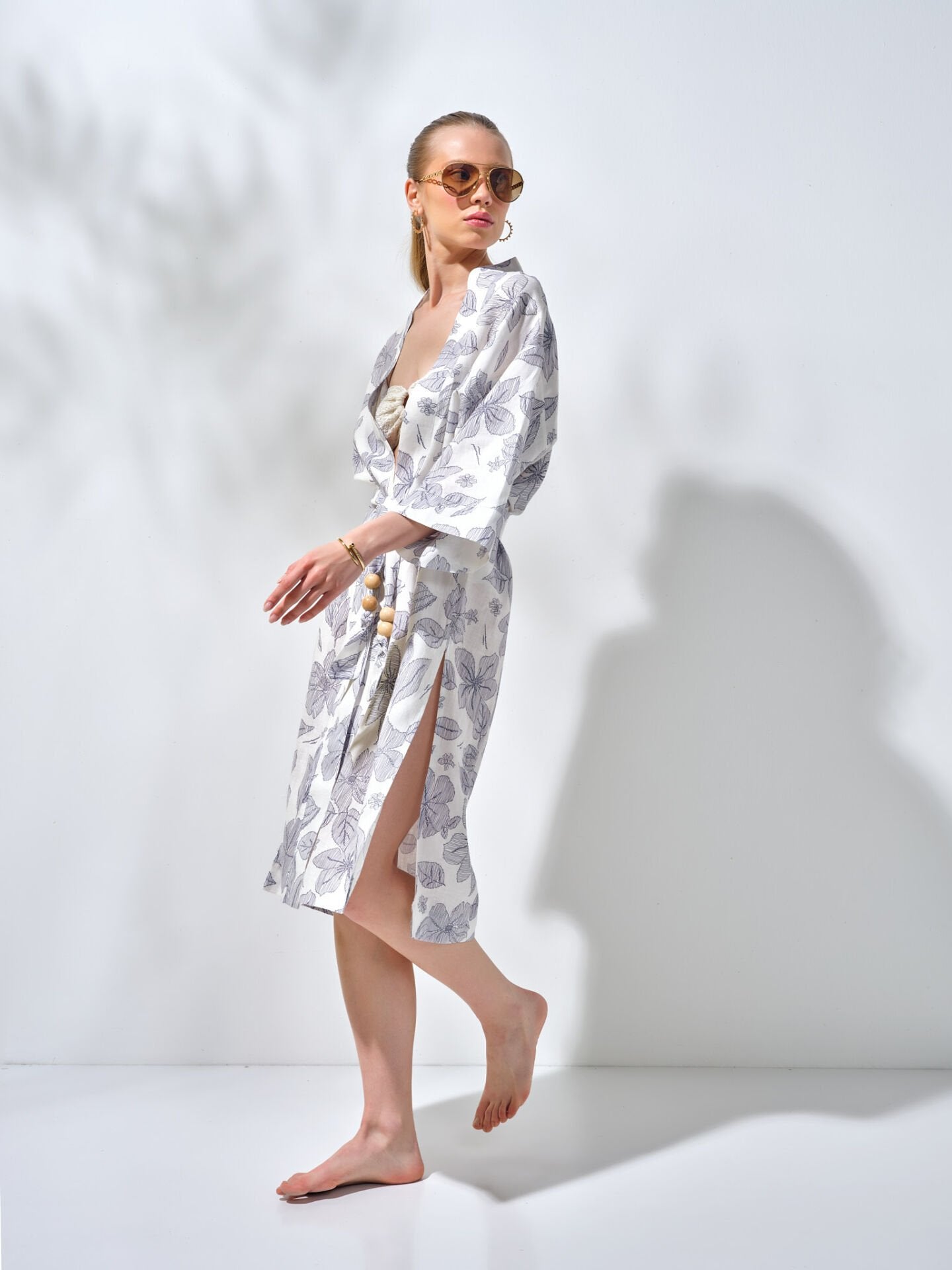 Uzun Kimono Mavi Desenli