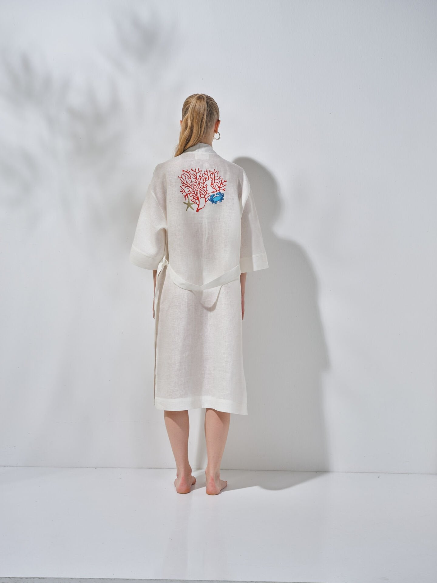 Uzun Kimono Krem Mercan Nakışlı