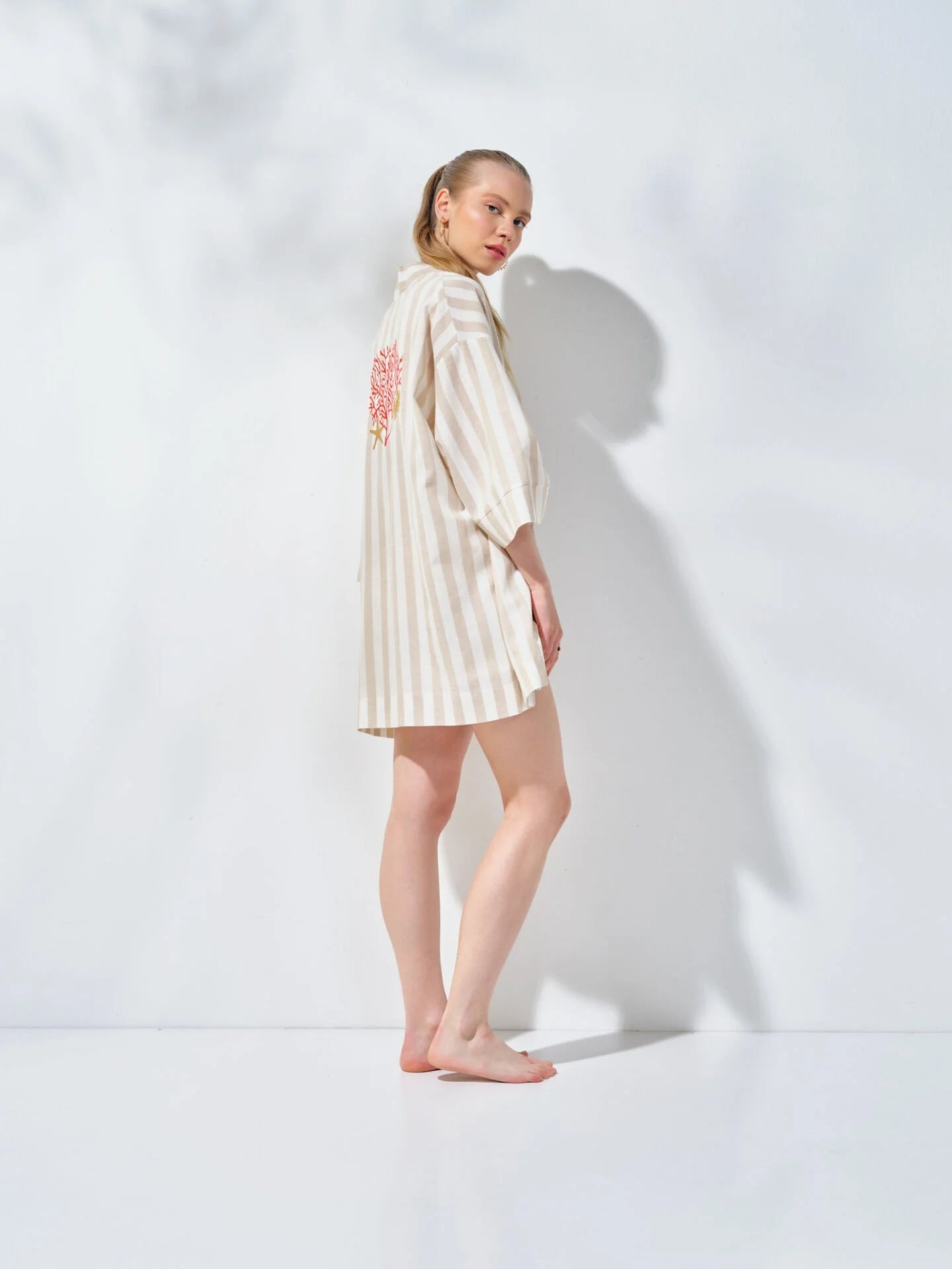 Kısa Kimono Çizgili Mercan Desenli