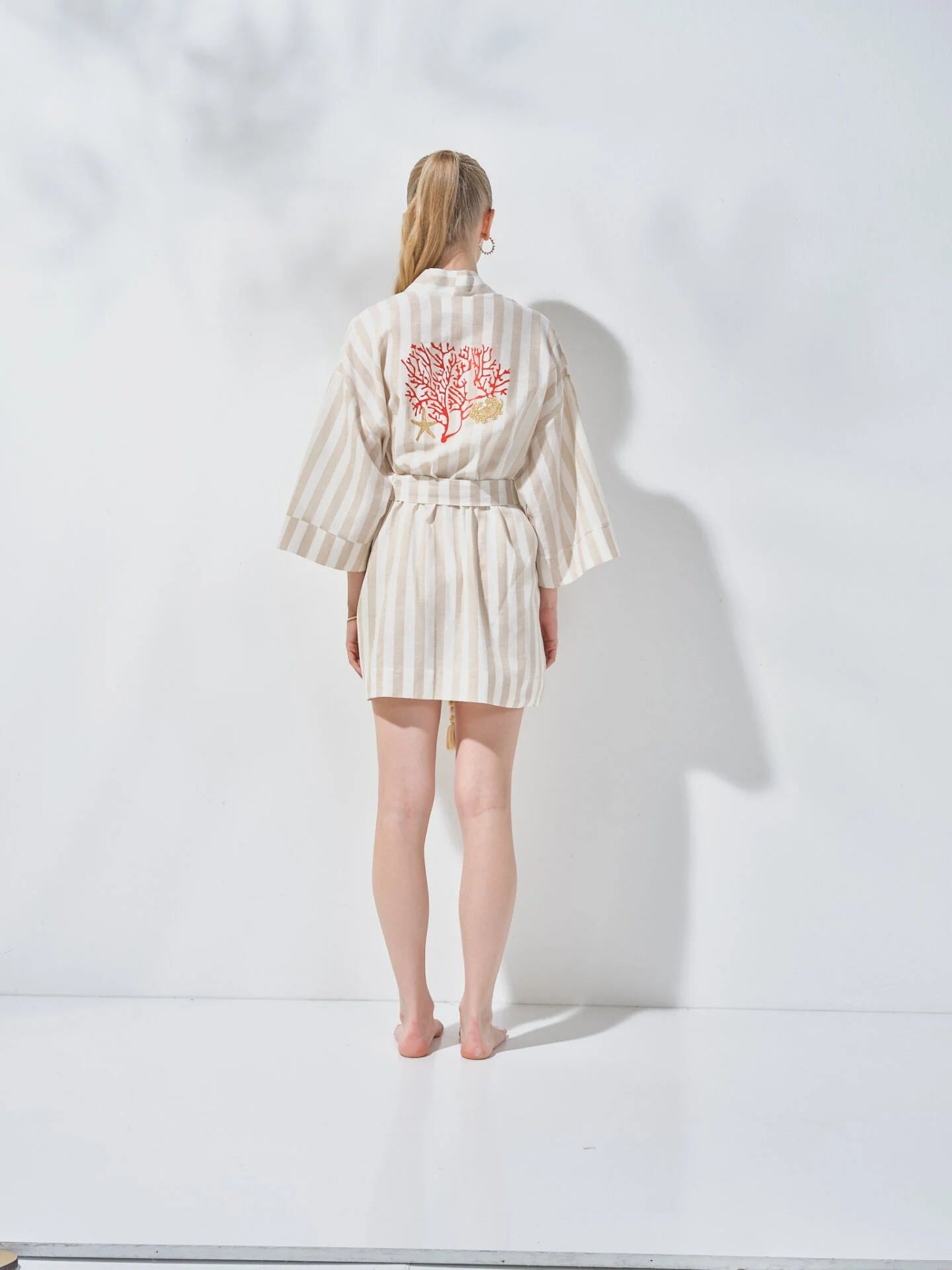 Kısa Kimono Çizgili Mercan Desenli