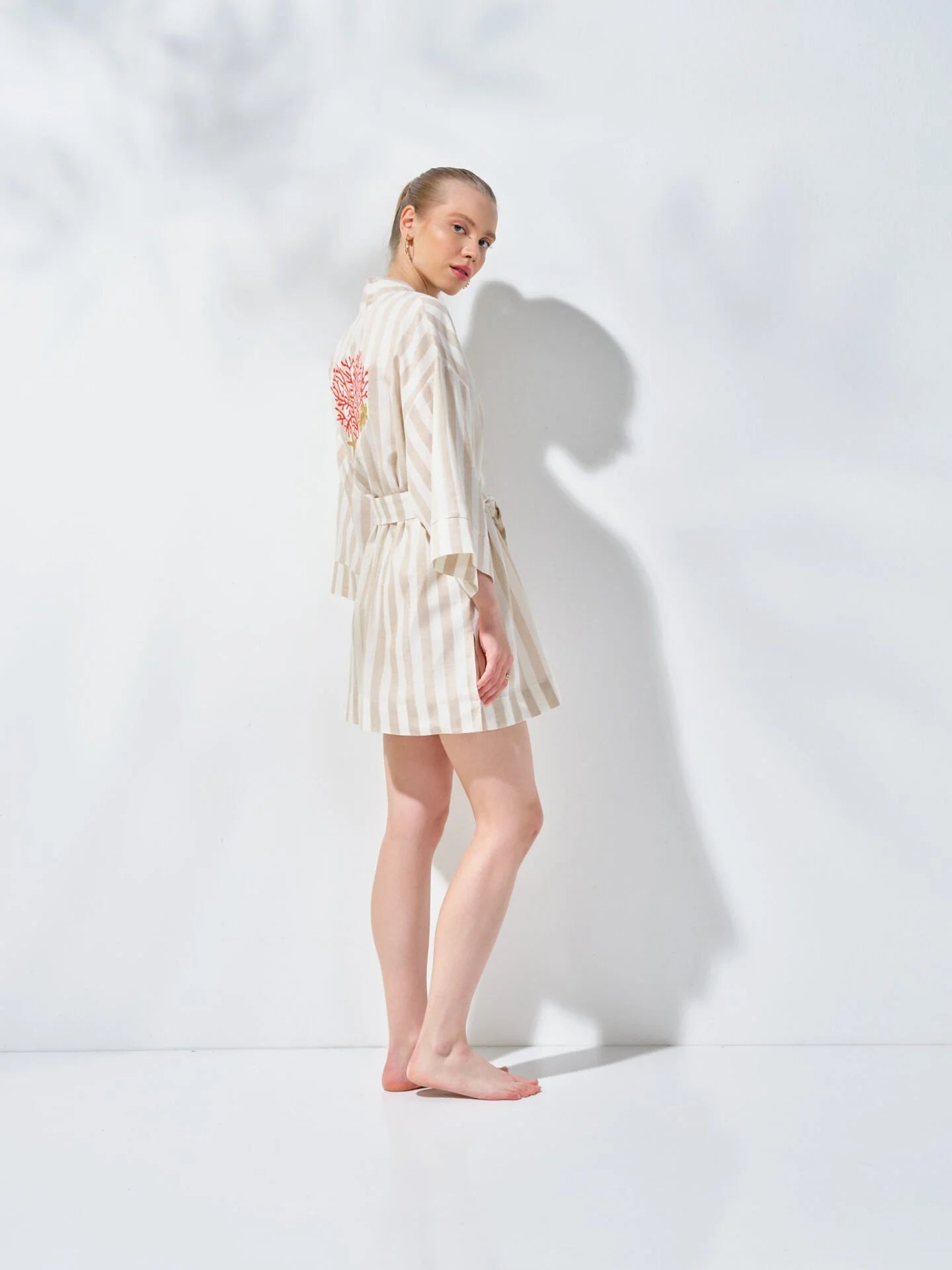 Kısa Kimono Çizgili Mercan Desenli