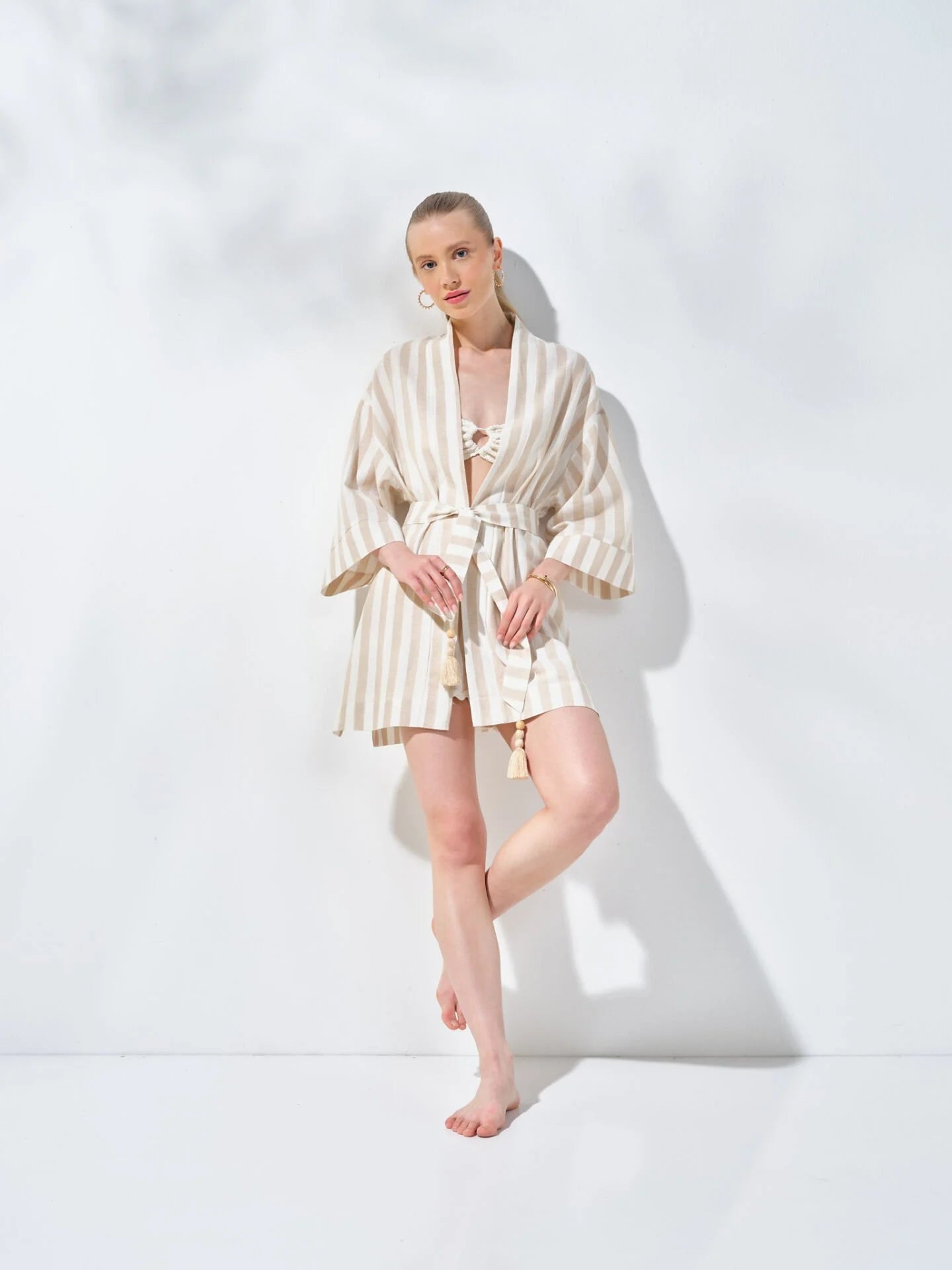 Kısa Kimono Çizgili Mercan Desenli