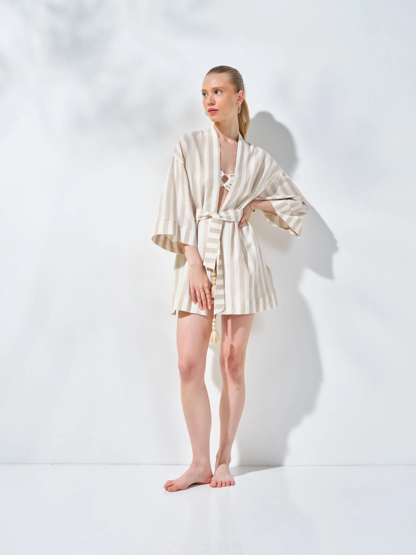 Kısa Kimono Çizgili Mercan Desenli