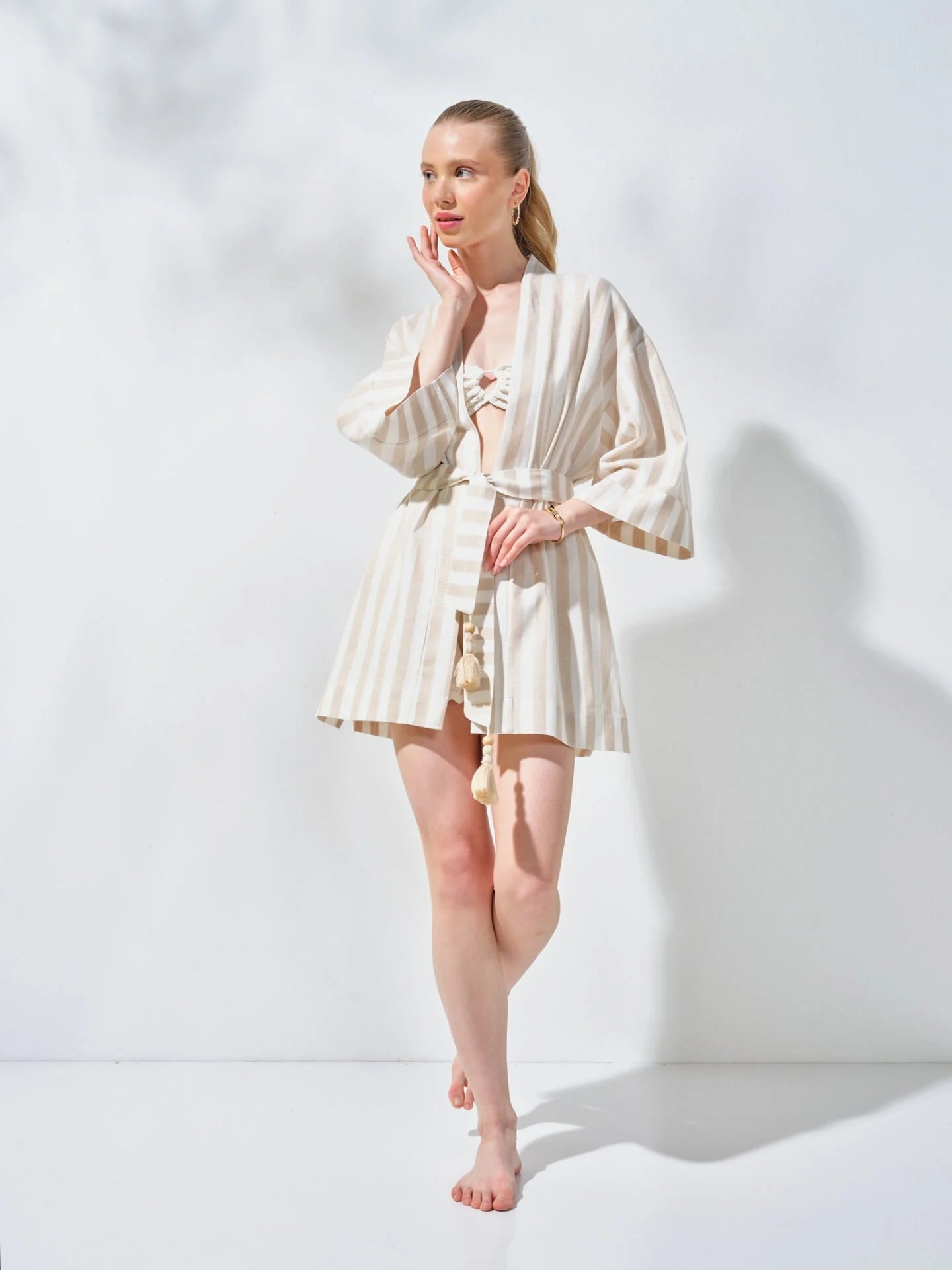 Kısa Kimono Çizgili Mercan Desenli