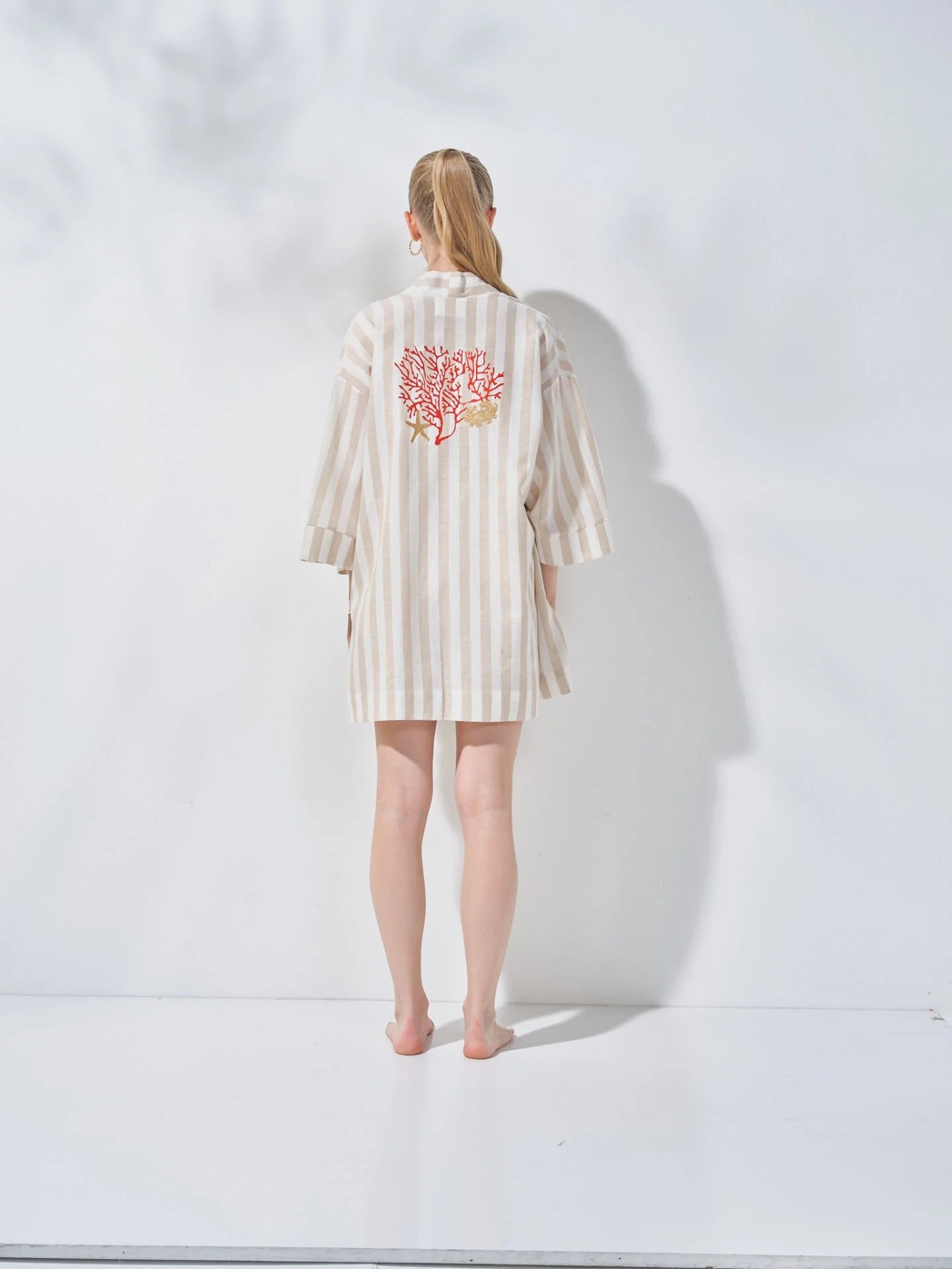 Kısa Kimono Çizgili Mercan Desenli