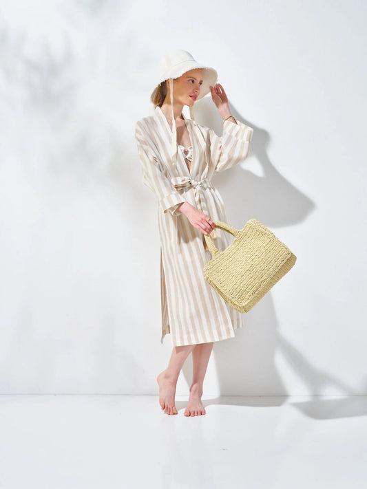 Uzun Kimono Çizgili Bej Beyaz