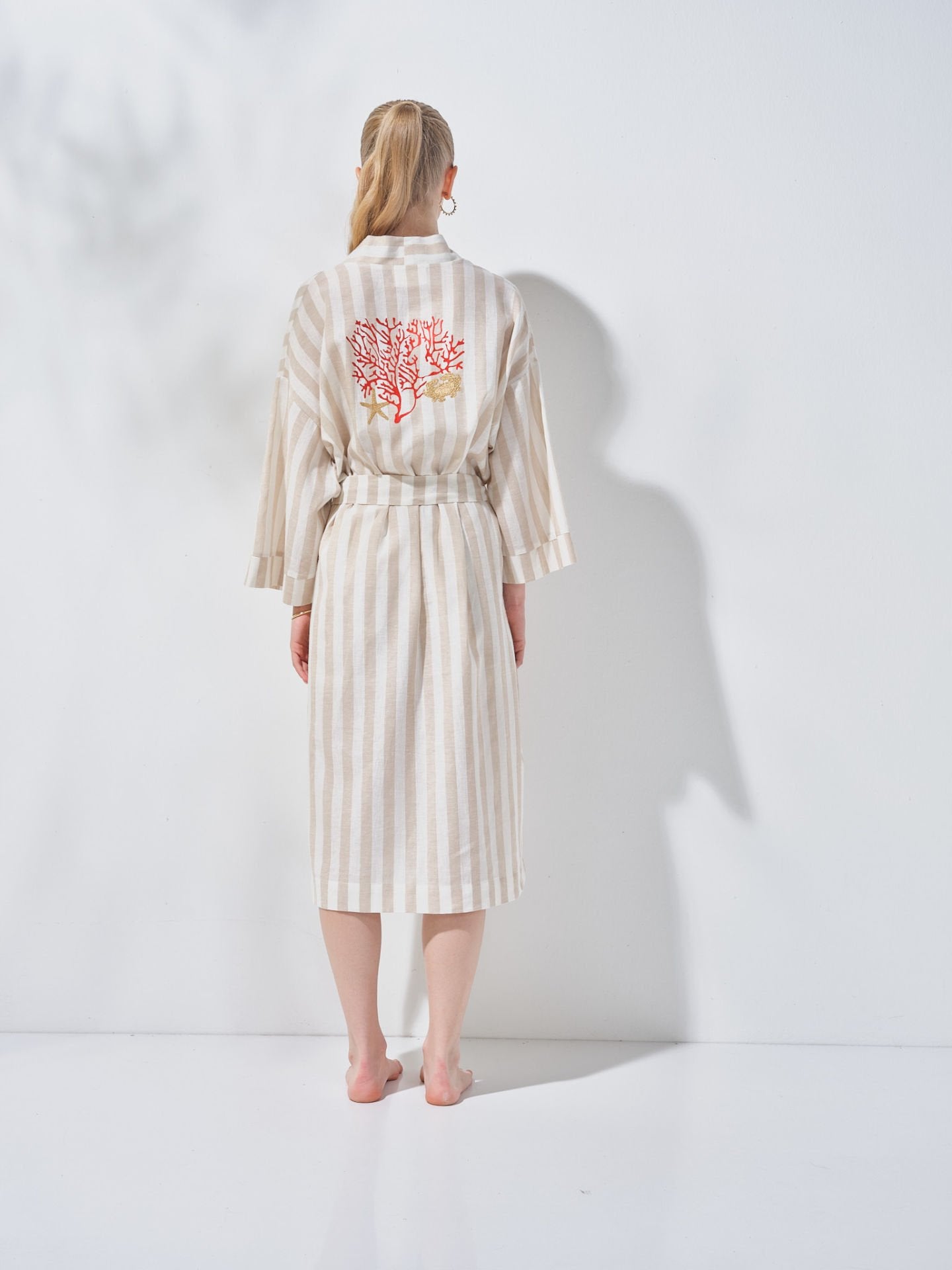 Uzun Kimono Çizgili Bej Beyaz