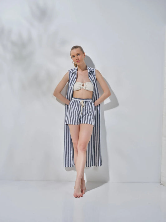 Beli Lastikli Şort Krem Lacivert Beyaz Çizgili