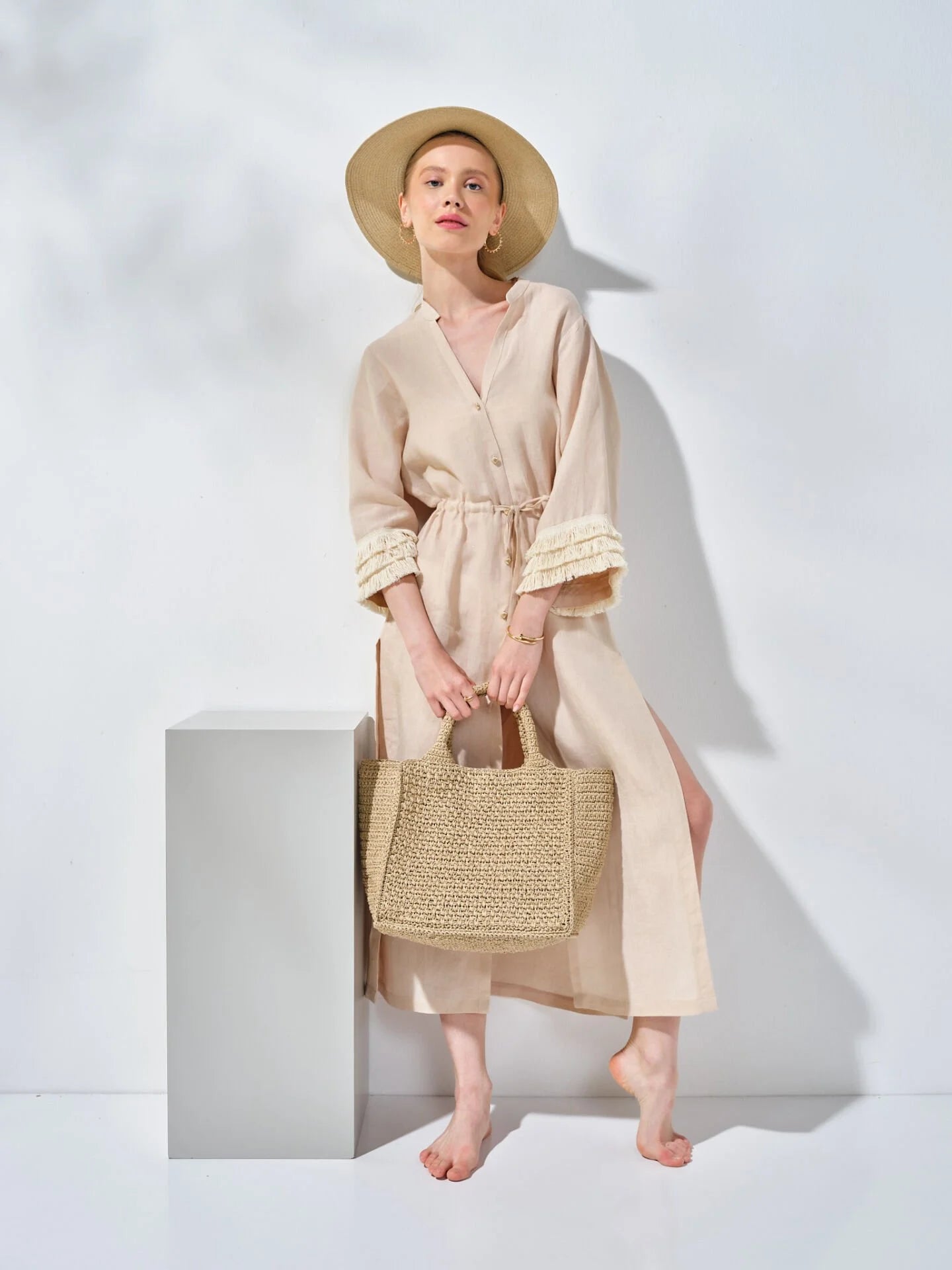 Uzun Gömlek Elbise Bej