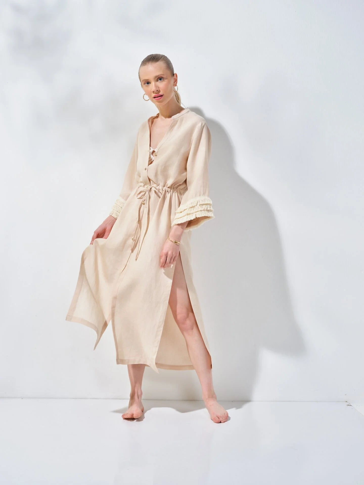 Uzun Gömlek Elbise Bej