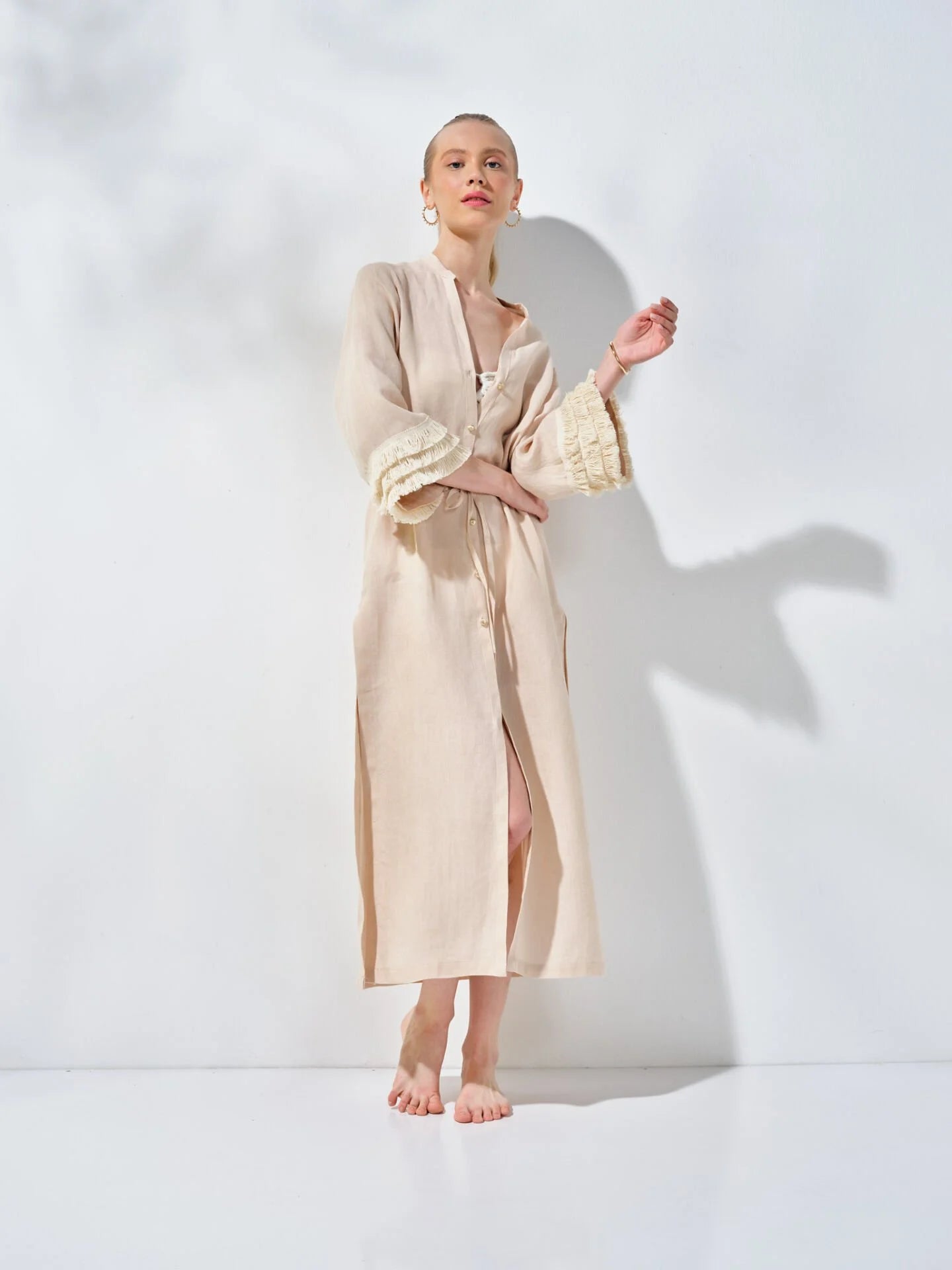 Uzun Gömlek Elbise Bej