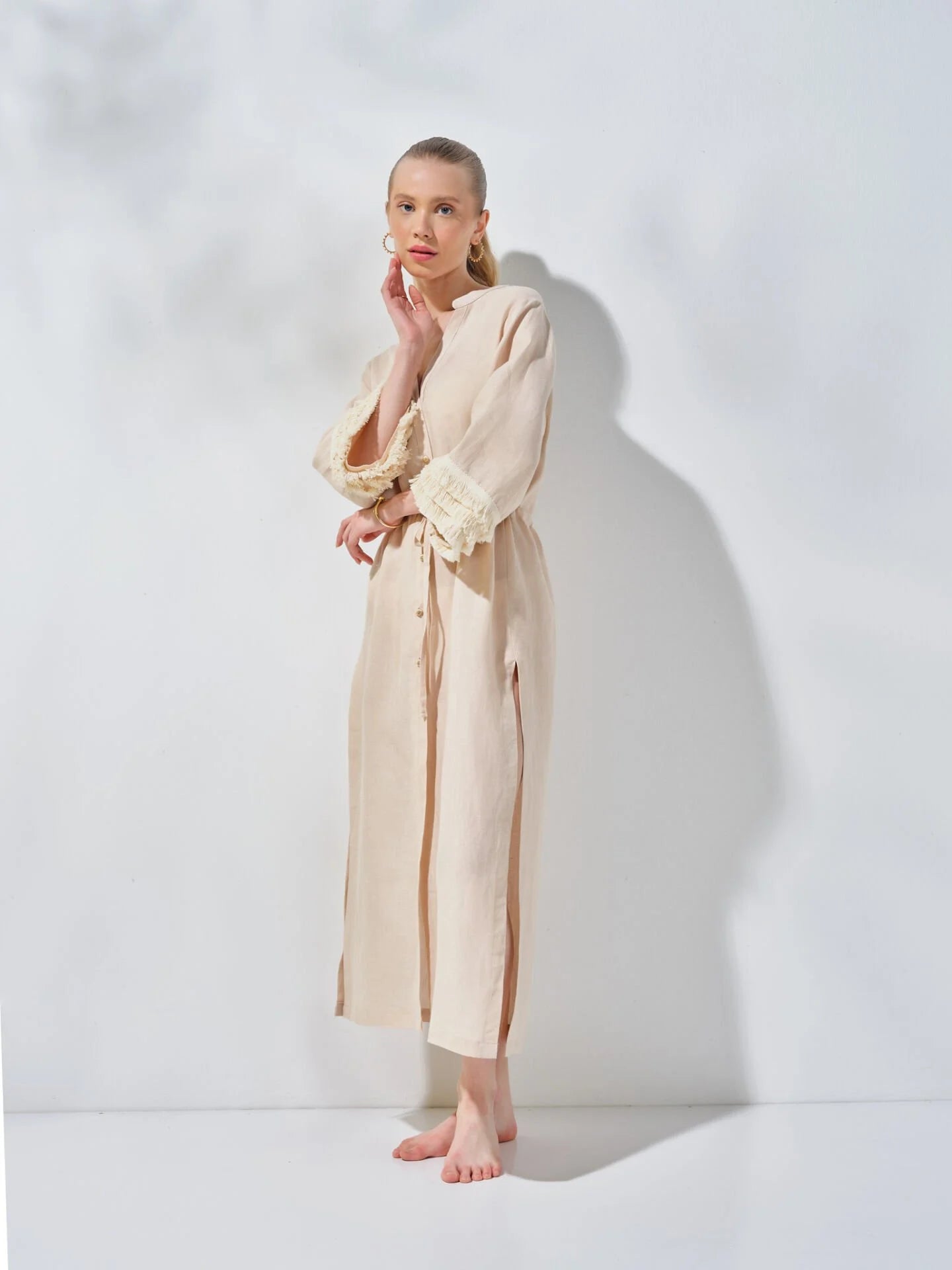 Uzun Gömlek Elbise Bej