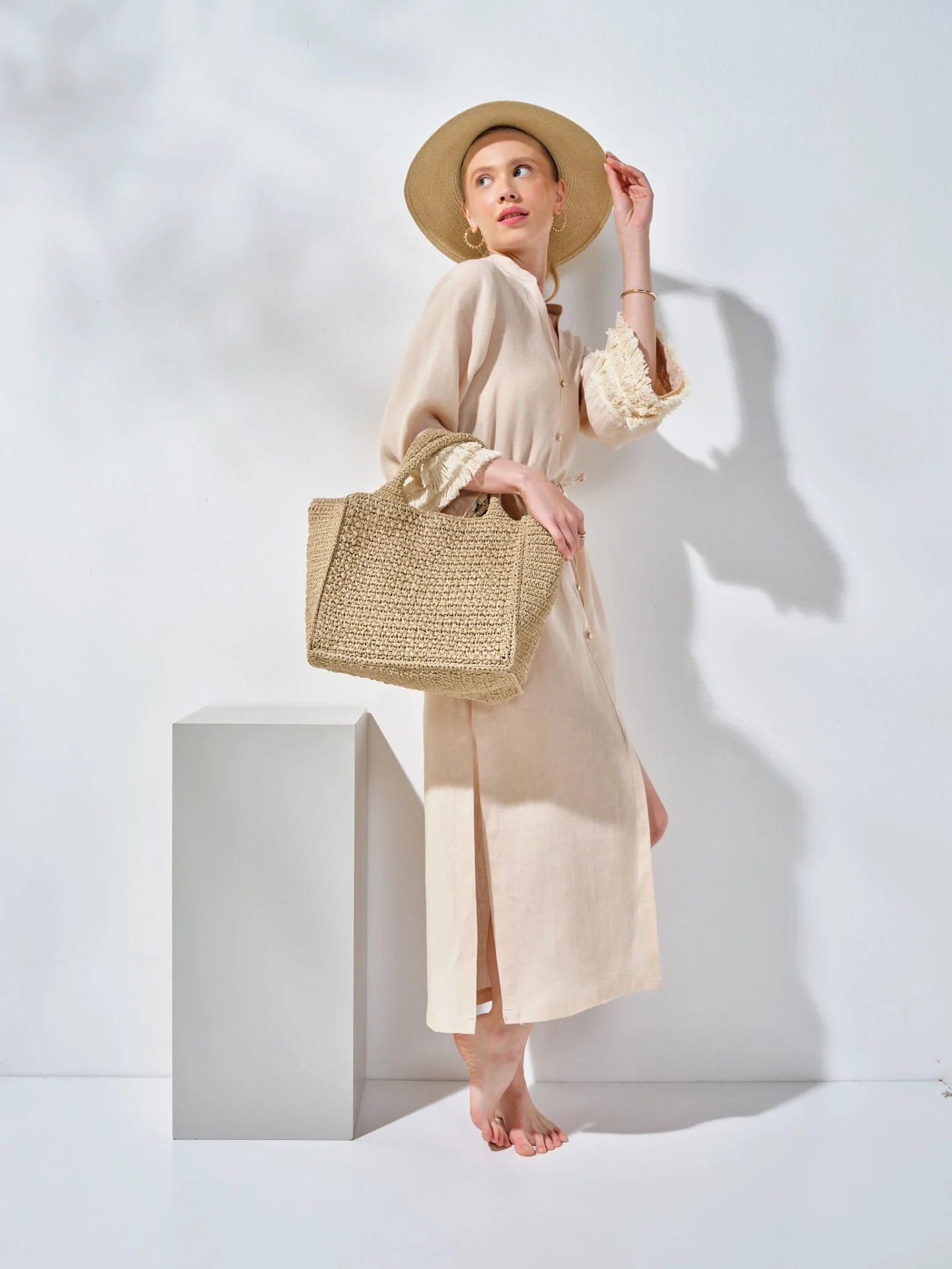 Uzun Gömlek Elbise Bej