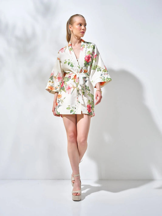 Kısa Kimono Güllü Desenli