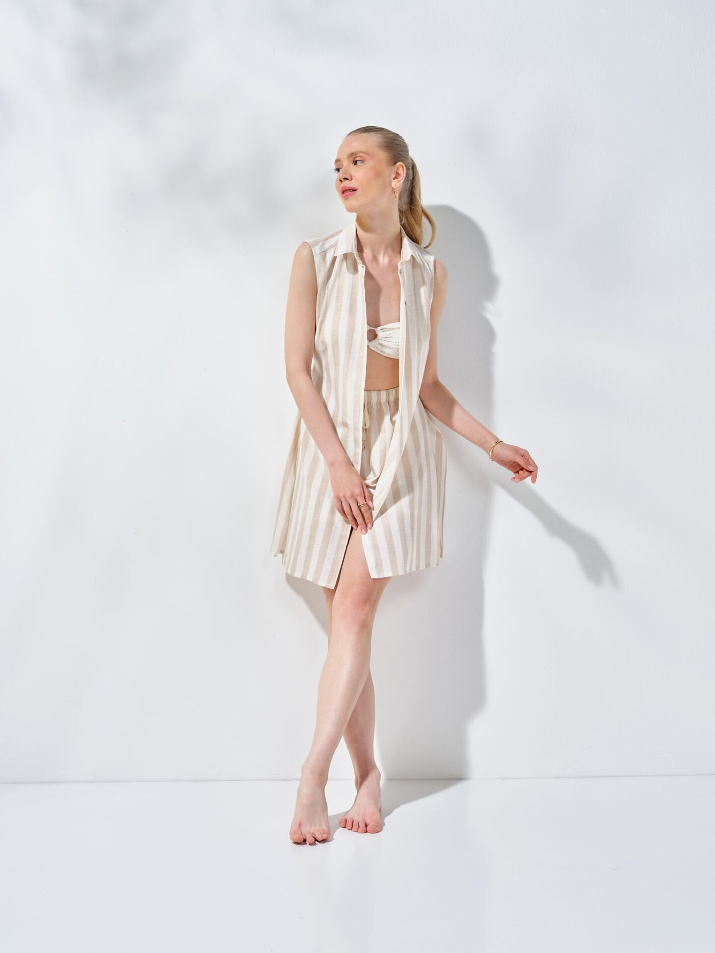 Kısa Kolsuz Gömlek Elbise Bej Krem