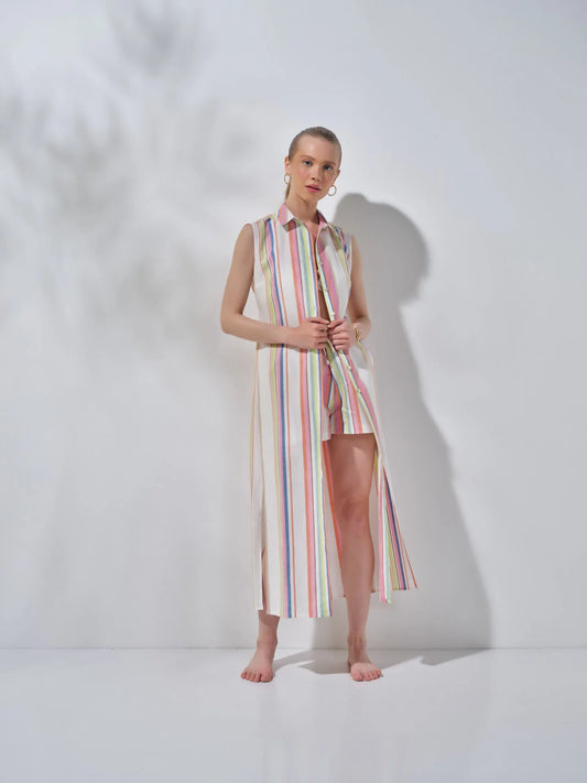 Uzun Kolsuz Gömlek Elbise Renkli Çizgili