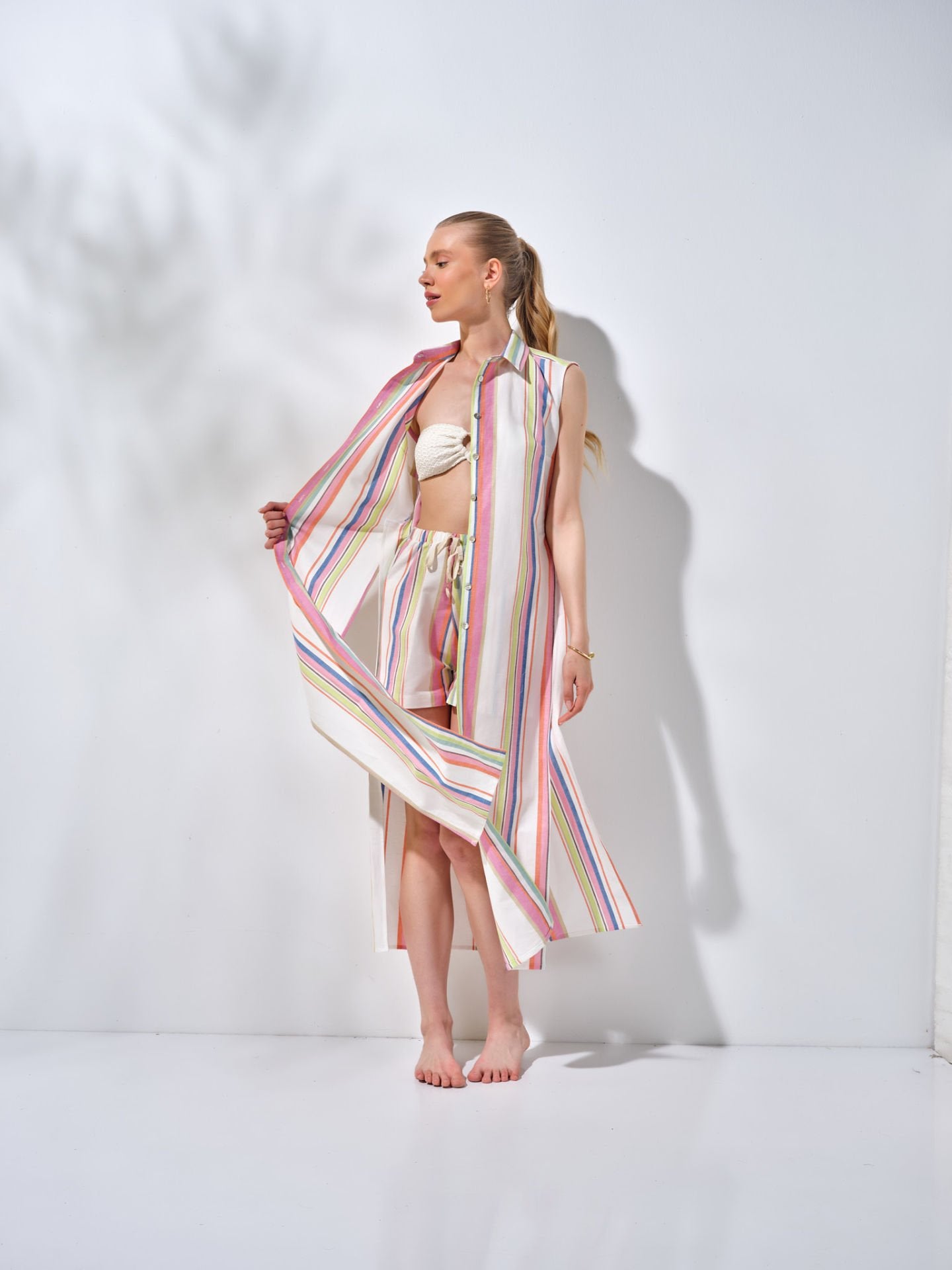 Uzun Kolsuz Gömlek Elbise Renkli Çizgili