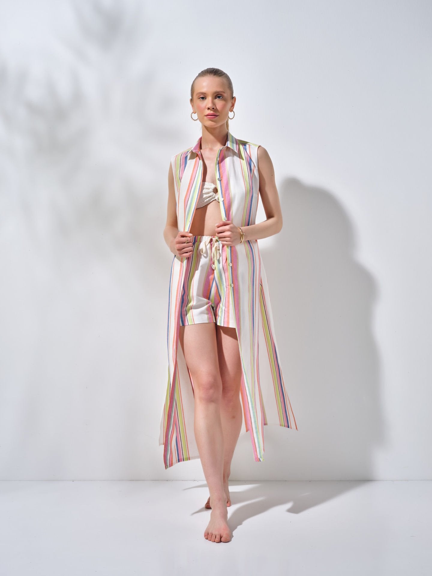 Uzun Kolsuz Gömlek Elbise Renkli Çizgili