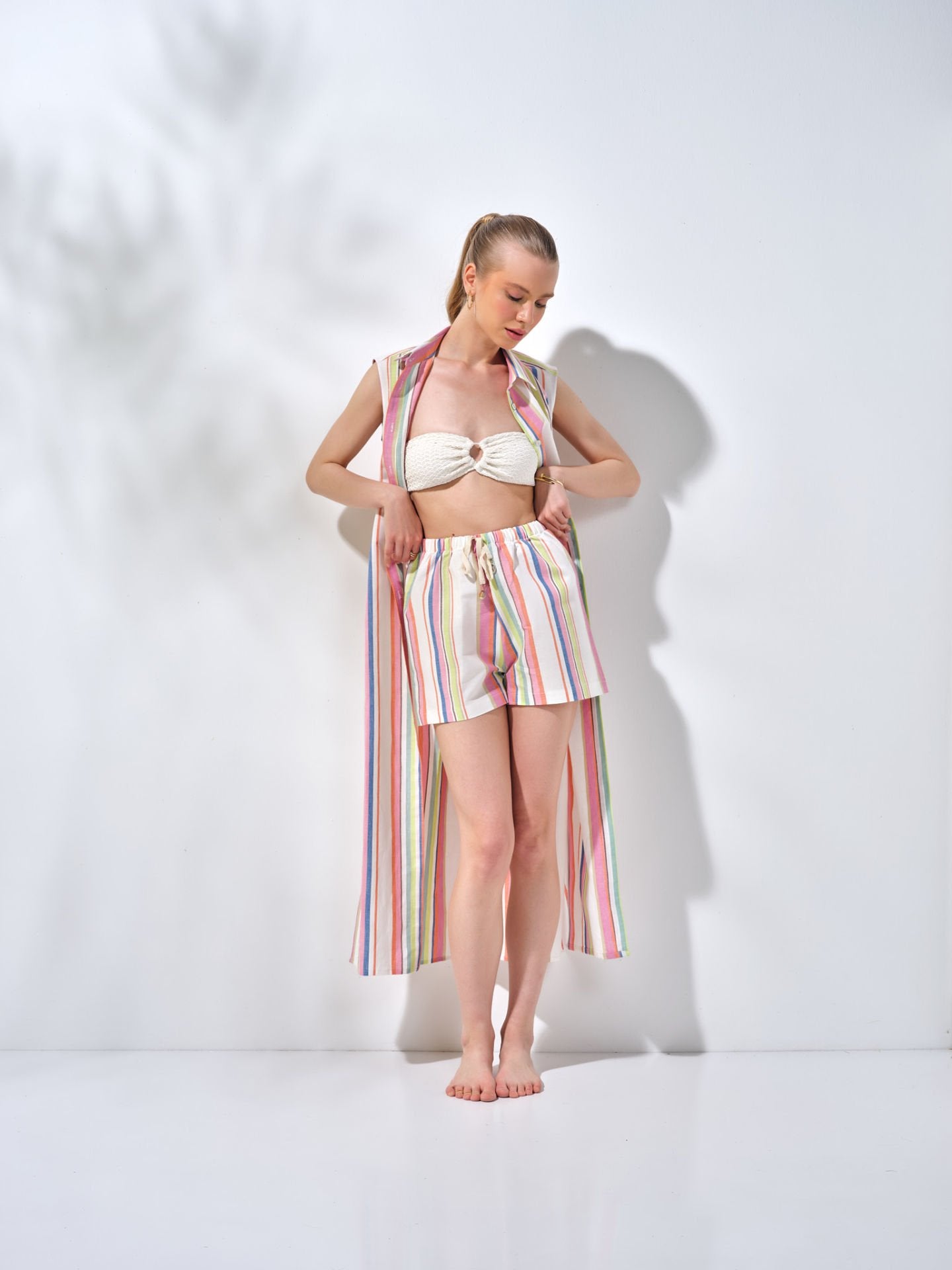 Uzun Kolsuz Gömlek Elbise Renkli Çizgili