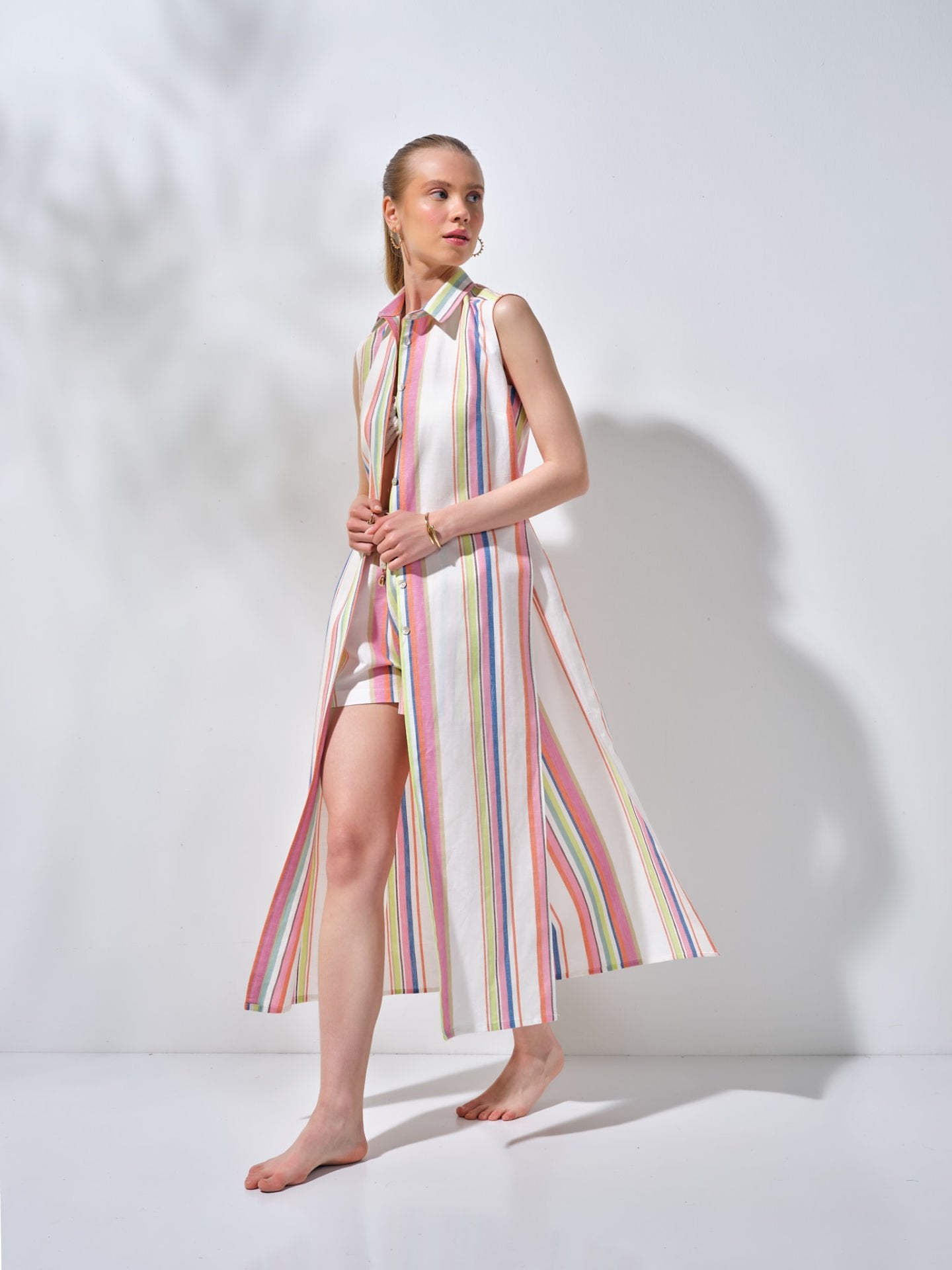 Uzun Kolsuz Gömlek Elbise Renkli Çizgili