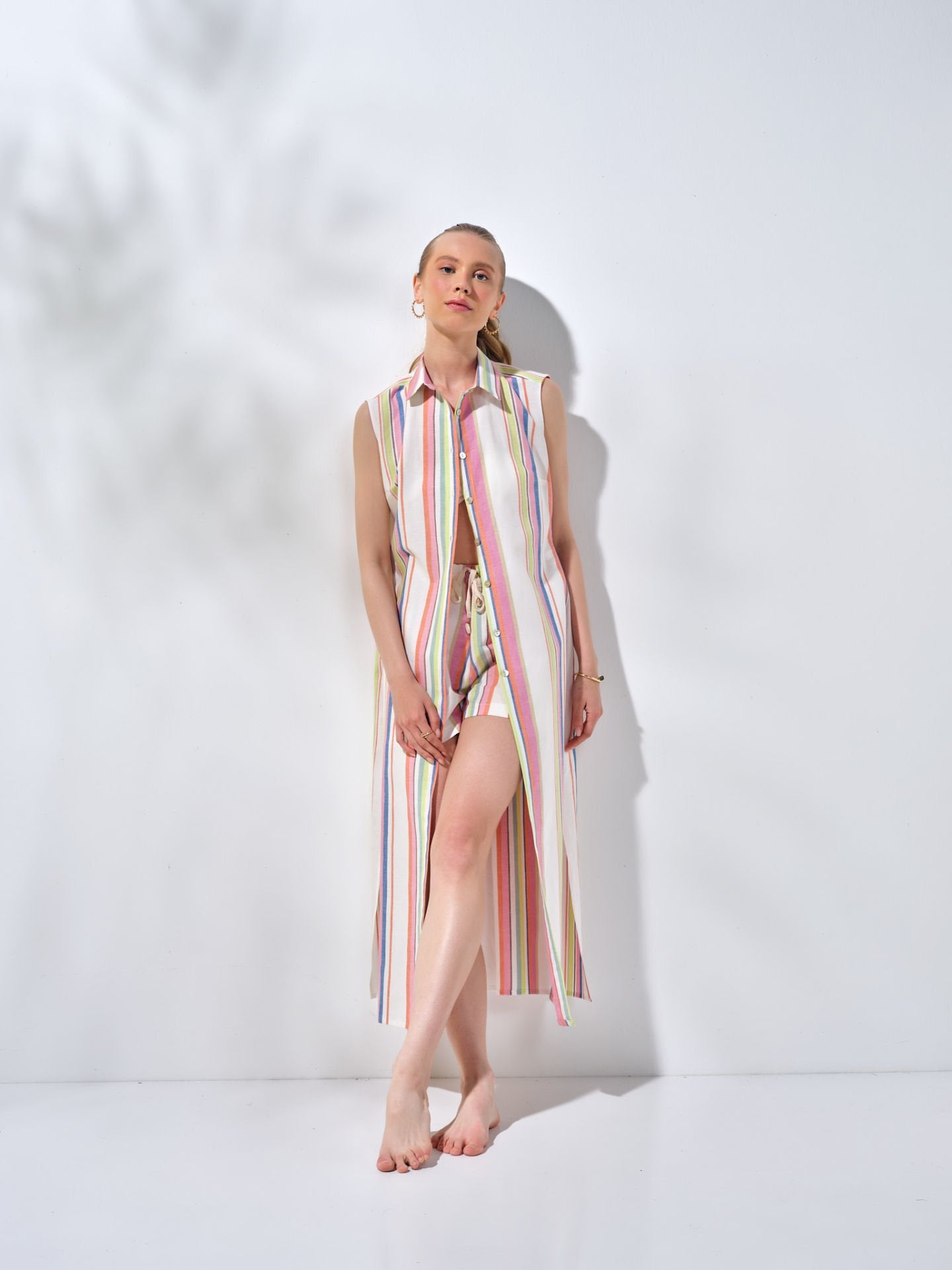 Uzun Kolsuz Gömlek Elbise Renkli Çizgili