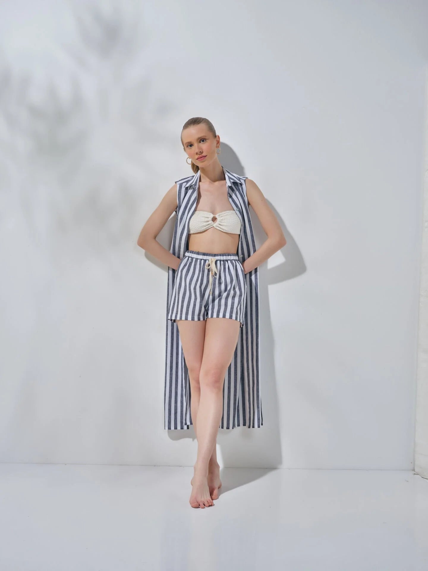 Uzun Kolsuz Gömlek Elbise Lacivert Beyaz Çizgili