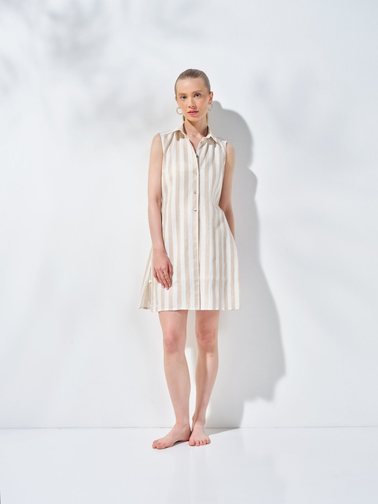 Kısa Kolsuz Gömlek Elbise Bej Krem