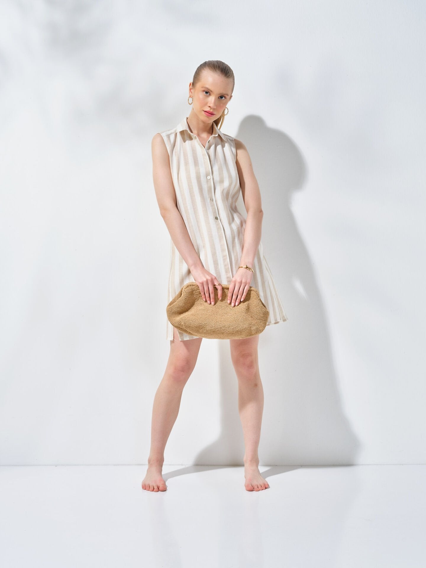 Kısa Kolsuz Gömlek Elbise Bej Krem