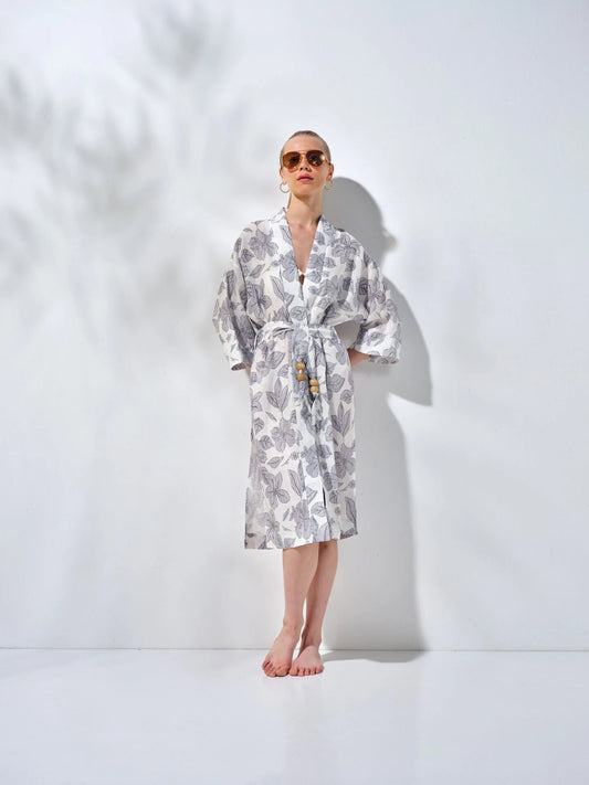 Uzun Kimono Mavi Desenli