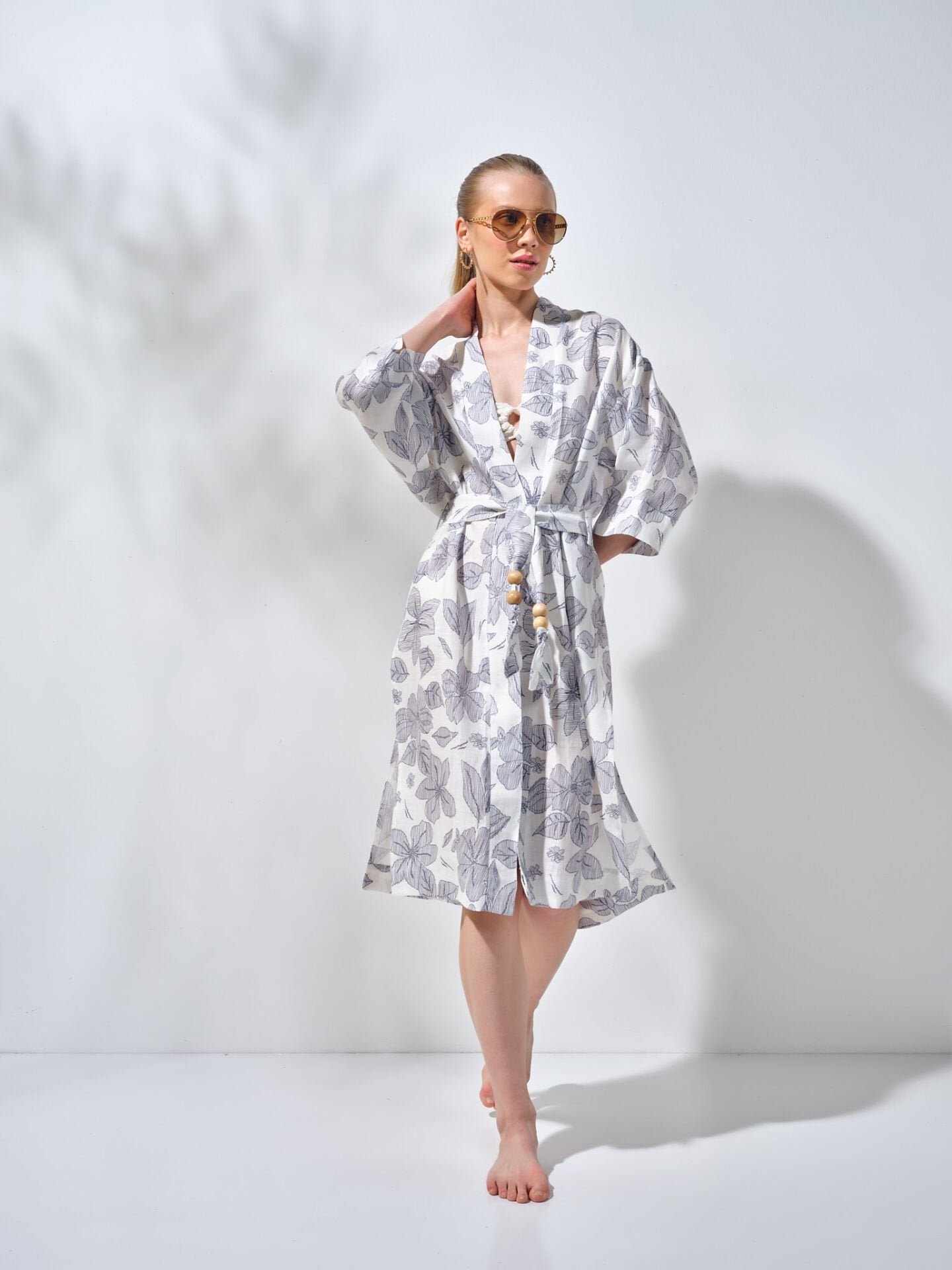 Uzun Kimono Mavi Desenli