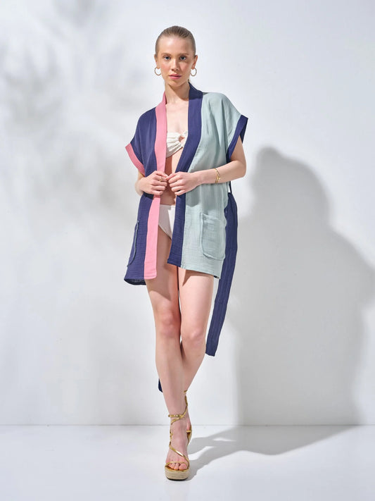 Kısa Müslin Kimono Lacivert