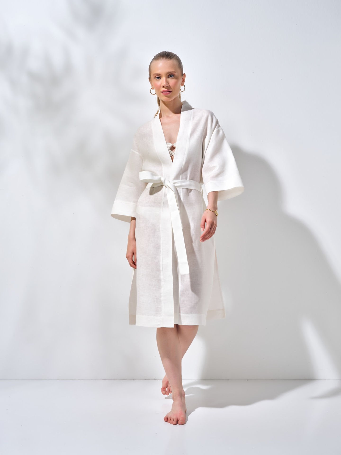 Uzun Kimono Krem Mercan Nakışlı